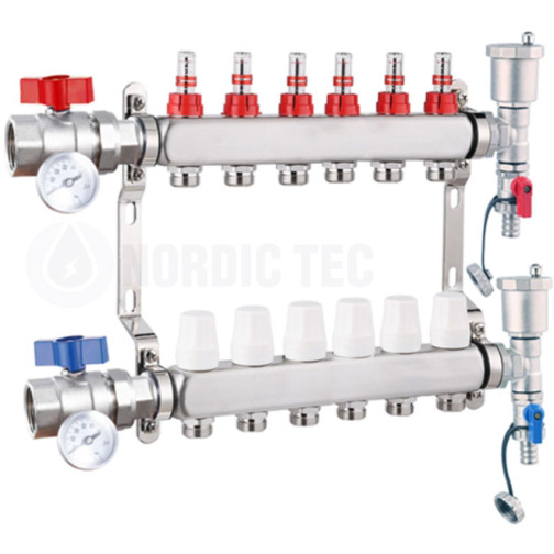 Nerezový rozdeľovač ÚK a podlahového kúrenia Nordic Tec INOX 6 okruhov