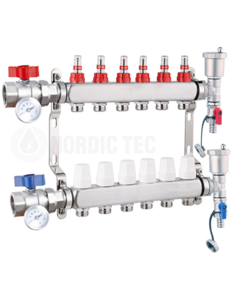 Nerezový rozdeľovač ÚK a podlahového kúrenia Nordic Tec INOX 6 okruhov